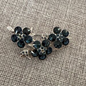 Navy Blue Crystal Floral Brooch | Silver Tone Statement Pin | Vintage Style